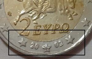 ERROR! Famous 2 Euro 2002 Faulty (S) Greece! Doubled Die Obverse! Perfect!!! RRR