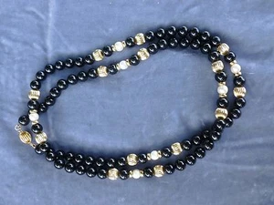 14K GOLD BEAD, PEARL AND ONYX BEAD NECKLACE - Picture 1 of 5