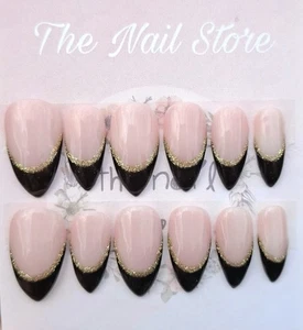 Black Gold French Tip False Nails / Double French Tip / Gel Press On Nails - Picture 1 of 4