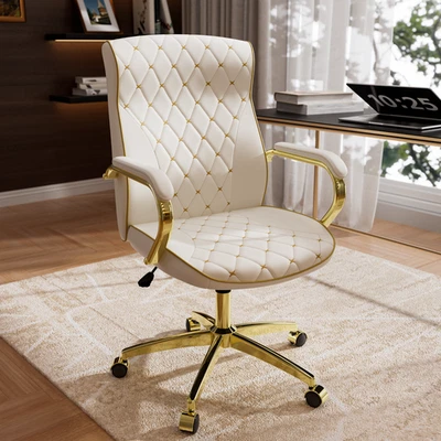 Office Desk Chair Tufted Design Gold Frame Luxury Adjustable Height & 360°Swivel - Image 1 of 4