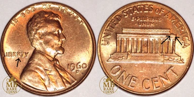 1960 D Lincoln Memorial Cent - Obverse & Reverse Die Chips - Rare Mint Error - Image 1 of 4