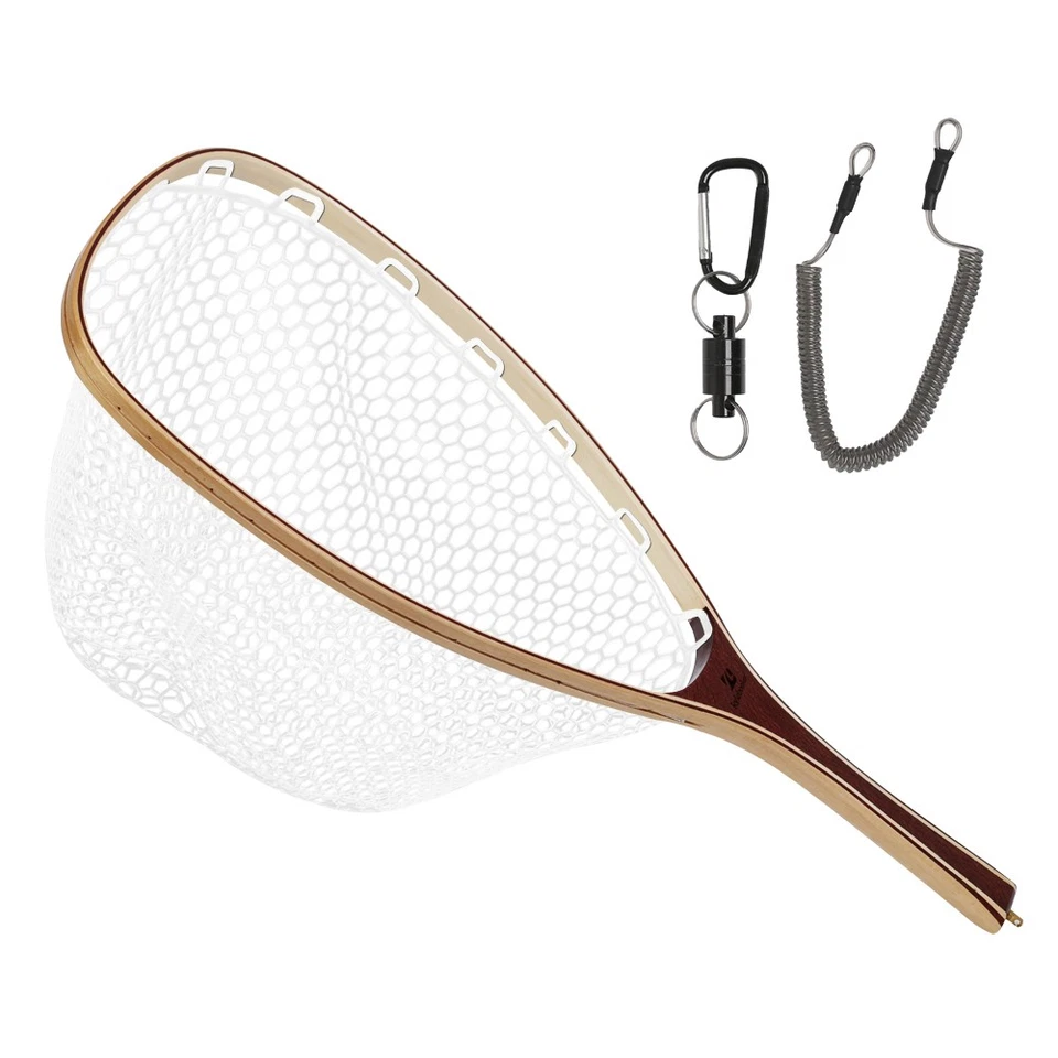 KYLEBOOKER Fly Fishing Net Rubber Mesh Trout Landing Net Catch & Release Handmade Wood