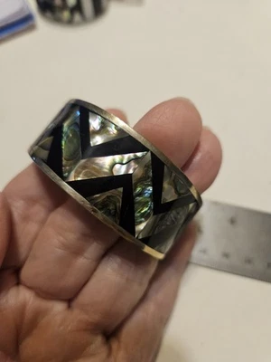 Vtg Mex Silver Bracelet Sm Cuff Inlaid Abalone Mthr Pearl Chevron Design 15311☆ - Image 1 of 4