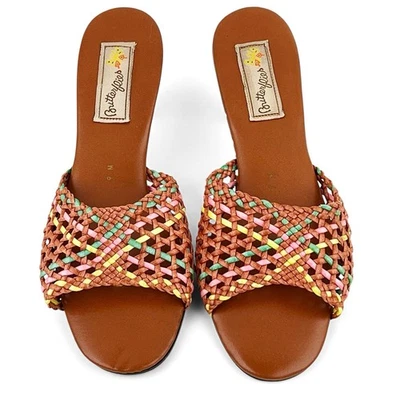复古 20 世纪 60 年代/70 年代软木和拉菲亚彩虹高跟鞋凉鞋 9 M 码 — 第 1/4 张图片