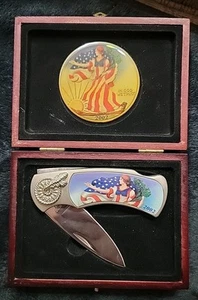 2002 In God We Trust Lady Walking Liberty Silver Folding Knife Collectors Case - Picture 1 of 6
