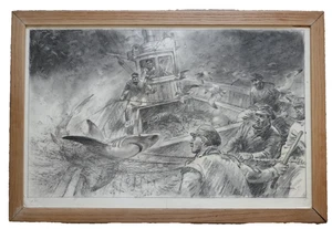CHARLES E. TURNER (1883-1965) großer feiner Graphit. Cornish Lugger Shark Incident - Bild 1 von 8