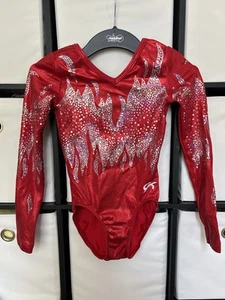 GK Elite Girl's Large Red Silver Sequin Sleeve Gymnastics Leotard Competition - Picture 1 of 6