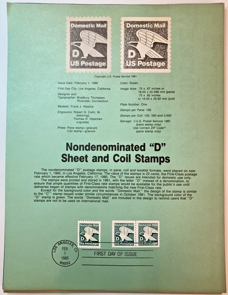 1985 USPS Souvenir Page "D"  SHEET AND COIL #85-03 on Archival Paper - Image 1 of 1