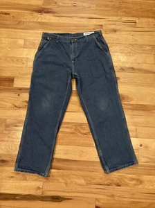 CARHARTT FR FLAME RESISTANT MEN WORK BLUE CARPENTER JEANS TAG 36 FITS 36W x 28L  - Picture 1 of 12
