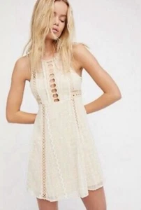 Free People SZ 10 Wherever You Go Mini Dress Ivory Crochet Cutout Embroidered - Picture 1 of 15