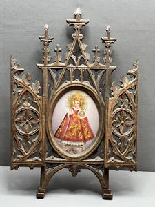 Antique Carved Wood Triptych Frame Black Forest Painting on Porcelain Jesus - Picture 1 of 8