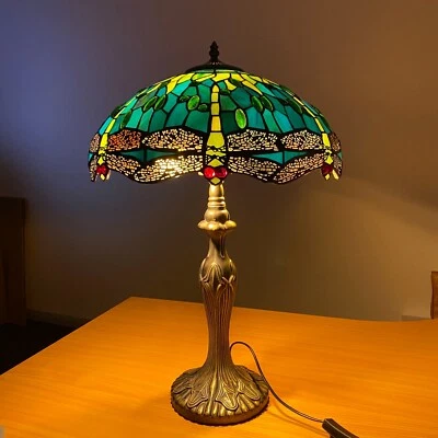 E-TRADEMART Dragonfly style Tiffany Table Lamp Green & Yellow Creative Art 16" Shade Decor