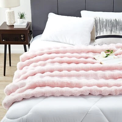 DREAMNINE Large Bubble Faux Rabbit Fur Bed Blanket Full Size - 70" x 80" Pink - Image 1 of 4