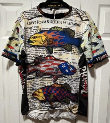 VTG 90s Primal Cycling Fish Flames De-Bait Road Biking 1/2 Zip Jersey USA Large - Image 1 of 4