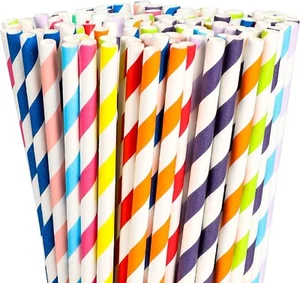 200 Paper Straws - Assorted Rainbow Colors Striped Drinking Biodegradable Paper - Picture 1 of 1