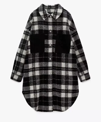 ZARA CONTRACK CHECK LONG OVERSHIRT SIZE L Ecru / Black 9004/187  BLOGGERS BNWT - Image 1 of 3