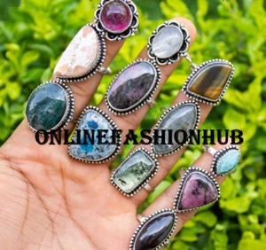 Rhodonite & Mix Gemstone 925 Sterling Silver Plated Wholesale Lot Positive Rings - Picture 1 of 3
