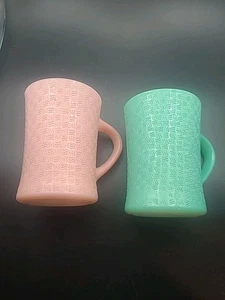 2 X GLASBAKE Basket Weave Coffee Mug Vintage 1960-70s Milk Glass Cup Green &Pink - Picture 1 of 8