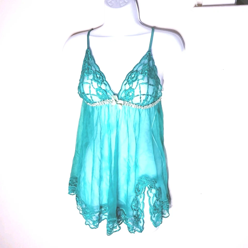 Fredricks Of Hollywood 90 年代 Y2K 绿色娃娃内衣透明蕾丝 S 码  — 第 1/4 张图片