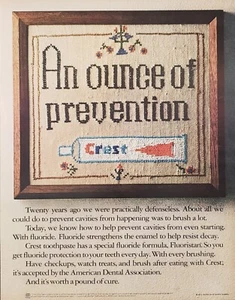 1972 Crest Toothpaste Fluoride Needlepoint An Ounce Of Prevention Print Ad - Picture 1 of 1