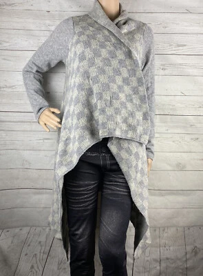 Monoreno Cardigan Sweater Small Gray White Checkered Open Front Extra Long Knit Foto 1 de 4