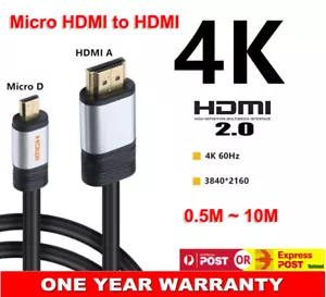 Micro HDMI to HDMI V2.0 Adapter Cable Audio Video 4K*2K 60Hz UltraHD Premium AU - Picture 1 of 5