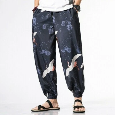 Men Trousers Ankle Banded Pants Japanese Crane Casual Ethnic Style Loose Fashion - Image 1 of 4