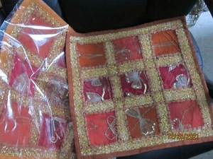 2 BEAUTIFUL16x16 Pillow Sham Cover Sequins & gold trims NEW Vintage ORANGE & RED - Picture 1 of 3