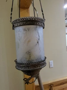 ATQ Victorian Elizabethan Acid Etched Glass Copper Pendant Ceiling Hall Light - Picture 1 of 21