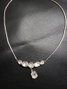 Vintage Silver Tone Prong Set Clear Rhinestone Pendant Bib Collar Necklace 16" - Picture 1 of 4