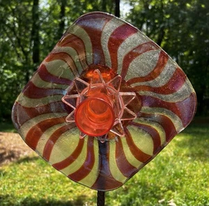 Orange Tiger Stripe & Clear Glass Garden Flower Repurposed Suncatcher Yard Art - Picture 1 of 6
