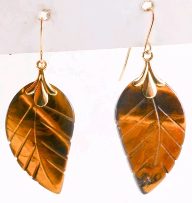 Pendientes colgantes de oro amarillo de 14 quilates con hoja de ojo de tigre de 1,25" 2,46 gramos Foto 1 de 4