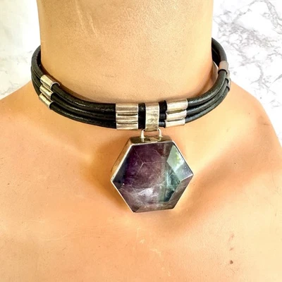 Ancient Echos Fluorite Sterling Silver Choker Necklace Gorgeous Stone 15.5” 94g - Image 1 of 4