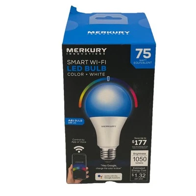 Merkury Innovations Color+White Smart A21 LED Light Bulb, 75W Equiv. 1050 L OPEN - Image 1 of 4