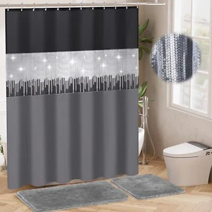 Grey Shower Curtain Set with Rugs Glitter Waterproof Non-Slip for Hotel Bathroom - Picture 1 of 7