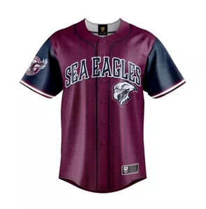 MANLY SEA EAGLES NRL TEAM LOGO 'SLUGGER' SHORT SLEEVE BUTTON UP BASEBALL SHIRT - Picture 1 of 1