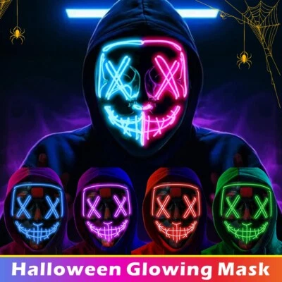 Adult Purge Halloween Mask LED Neon Stitches Flashing Gloves Costume Fancy Dress - Image 1 of 4