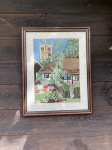 Completed Needlepoint Church Country Village Scene Tapestry Cottage Framed - Picture 1 of 6