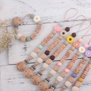 Neu Schnullerkette mit Namen Blume aus Silikon Natur Holz Junge&Mädchen Geschenk - Bild 1 von 16