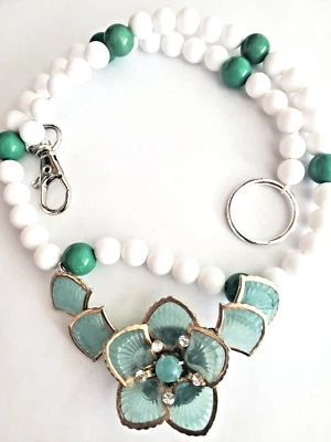 Pet jewelry Handmade beaded dog necklace with pendant, white/green, Crystals 17" - Image 1 of 4