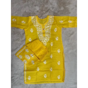 New Lucknowi Mulmul Cotton Kurti with Palazzo Set Embroidery Kurti 38-44 Yellow - Picture 1 of 4
