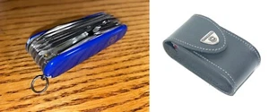 New Victorinox Swiss Army 91mm Knife : SWISSCHAMP BLUE + DELUXE LEATHER POUCH - Picture 1 of 11