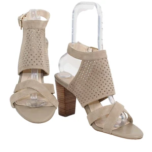 Isola Sz 9.5 Tan High Heel Slingback Strappy Perforated Suede Sandal - Picture 1 of 10