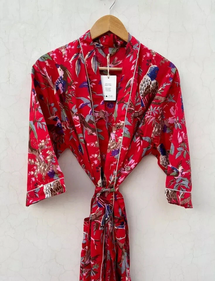 Индийский красный хлопковый халат длинное кимоно Sleepwear ночной костюм кимоно халаты для ванны - Изображение 1 из 4