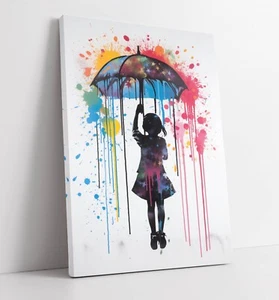 BANKSY STYLE UMBRELLA GIRL WATERCOLOR RAIN -FRAMED CANVAS WALL ART PICTURE PRINT - Picture 1 of 2