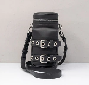 Versace Unisex Black Mini Calfskin Leather Double Buckle Biker Crossbody Bag - Picture 1 of 10