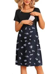 Ekouaer Summer Short Sleeve Maternity Nursing Dress - Black Floral - M - Picture 1 of 3
