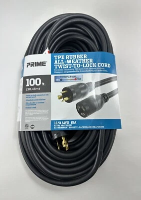 Prime Wire & Cable 12/3 100' SJEOW TPE Rubber Twist-to-Lock Extension Cord - Image 1 of 3