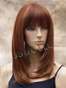 Human hair blend Full Wig Layered Straight bangs Heat OK Auburn mix 1031 PL - Picture 1 of 7