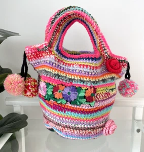 Handmade Boho Crochet Handbag Small Bucket Bag Rustic Vibe with Pom Poms - Picture 1 of 15